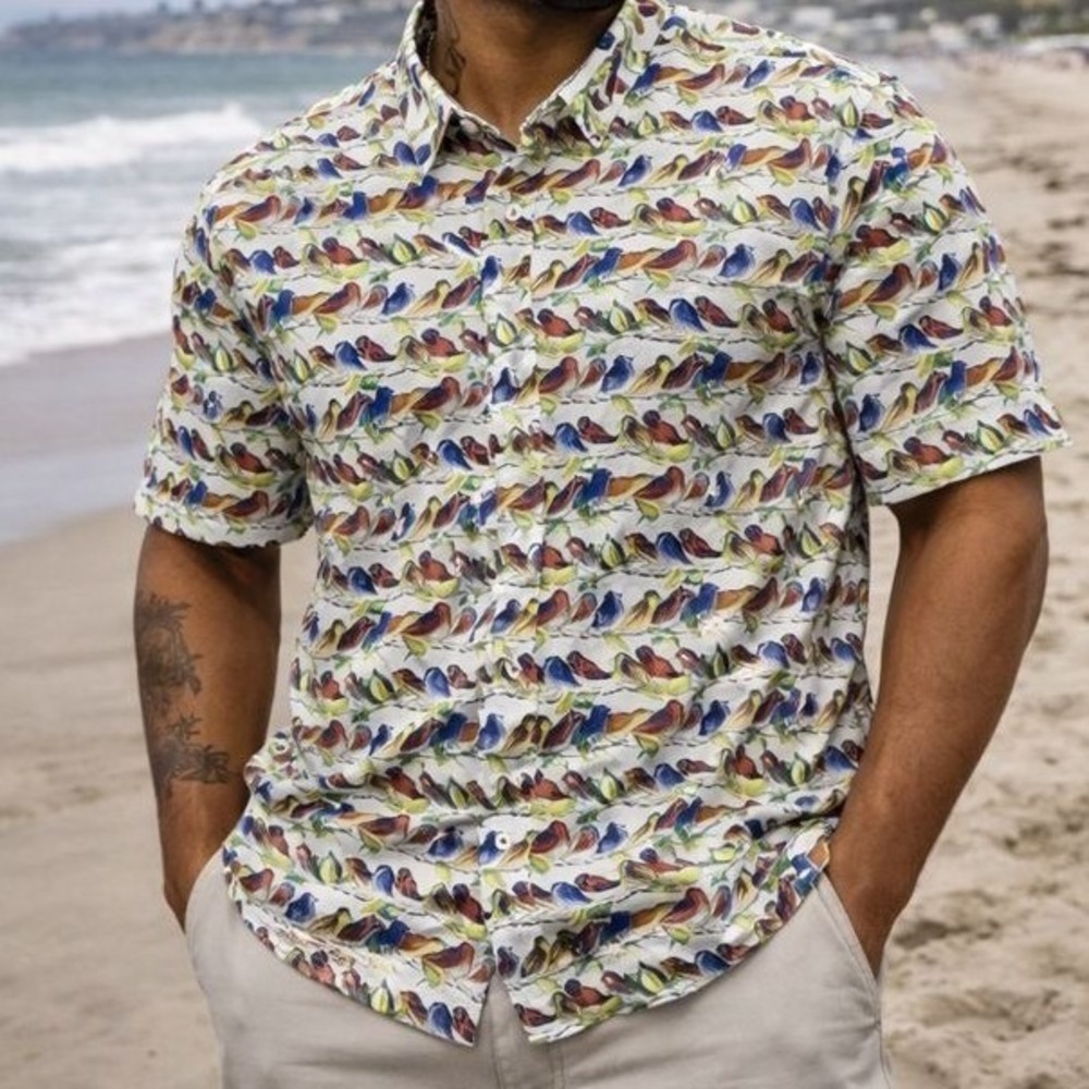 Alan Flusser Button Up Shirt Men's XXL Short Sleeve‎ Bird All Over Print Pattern
